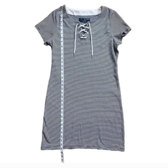 Tommy Hilfiger Nautical Lace Up Navy Blue & White Stripe Casual Dress Sz  Large